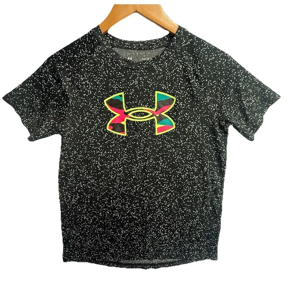 Under Armour Youth‎ Large Black Speckled Logo Tee Athletic Short Sleeve